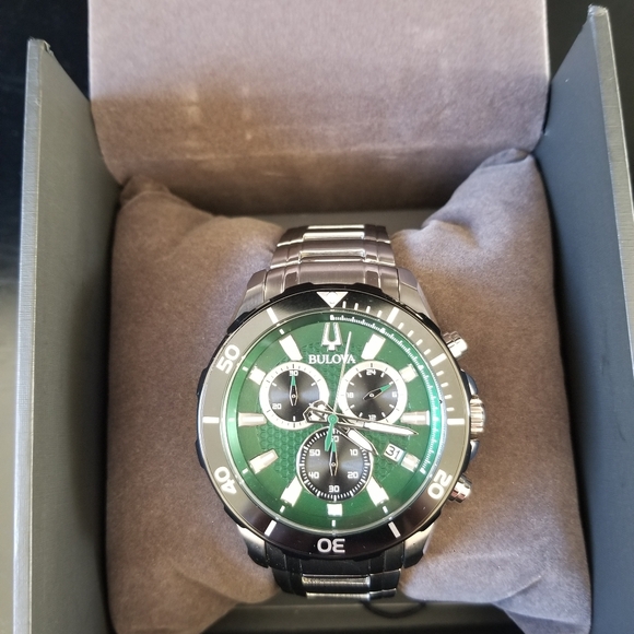 BULOVA MENS GREEN BEZEL MARINE STAR CHRONOGRAPH SILVER 45MM WATCH - Picture 1 of 6